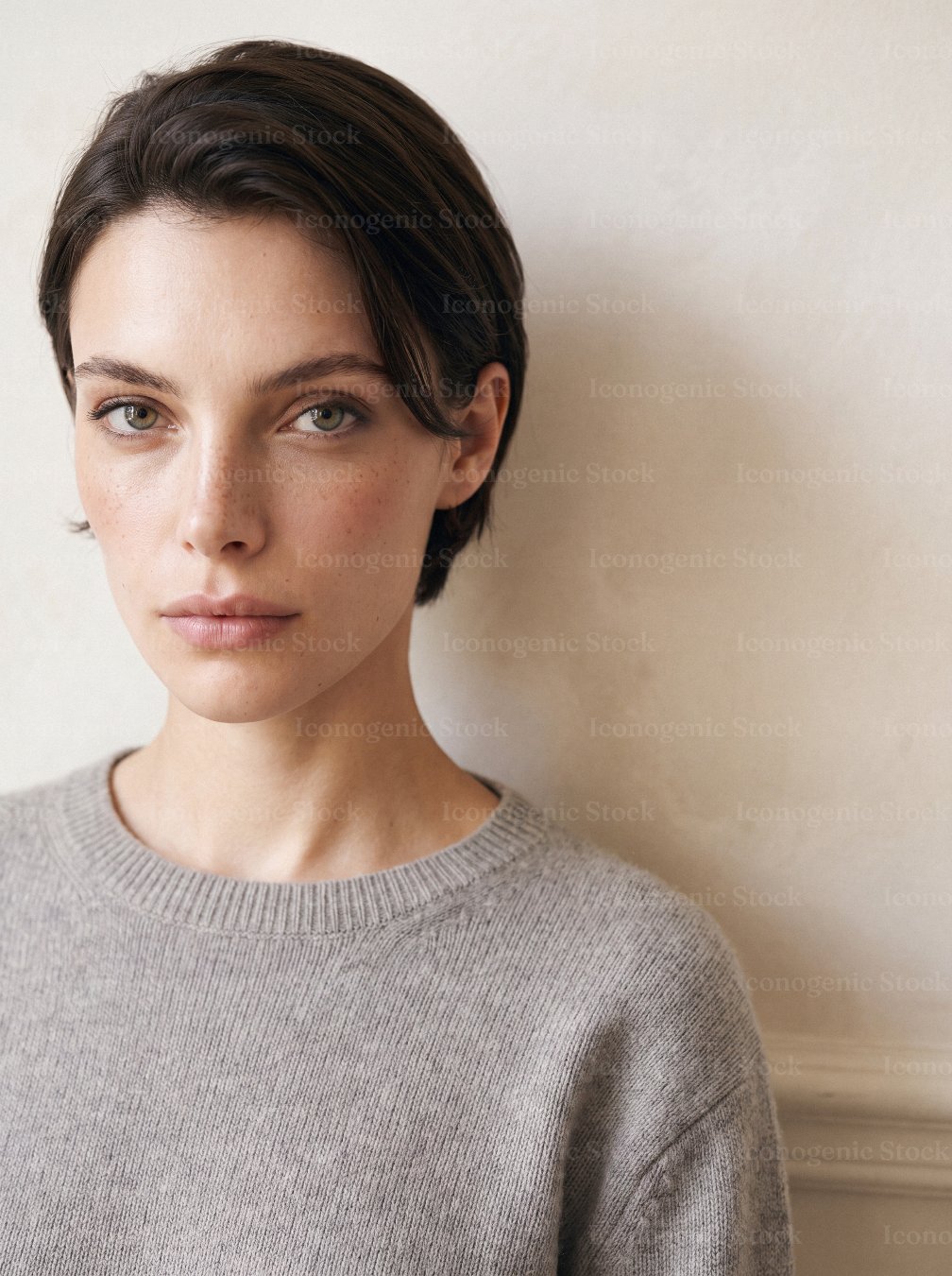 Portrait of young woman with short brown hair wearing gray sweater indoors