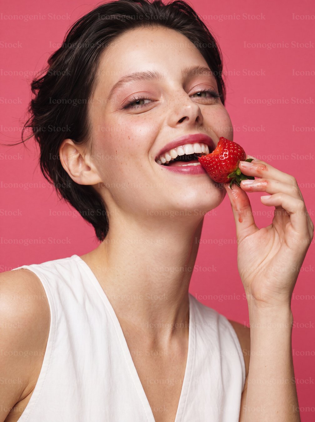Smiling woman with short dark hair eating fresh strawberry against pink background
