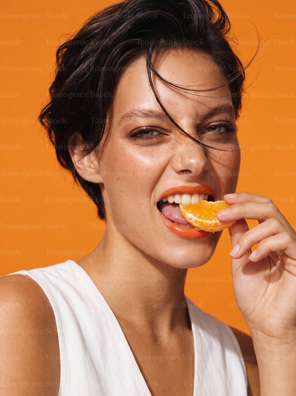Woman with orange lipstick biting a fresh tangerine segment on orange background