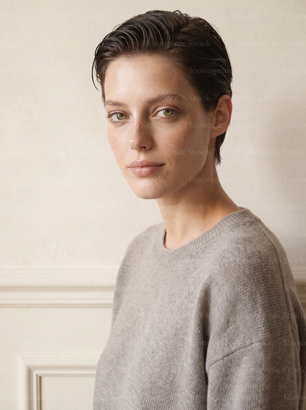 Portrait of woman with short hair wearing gray sweater against beige wall