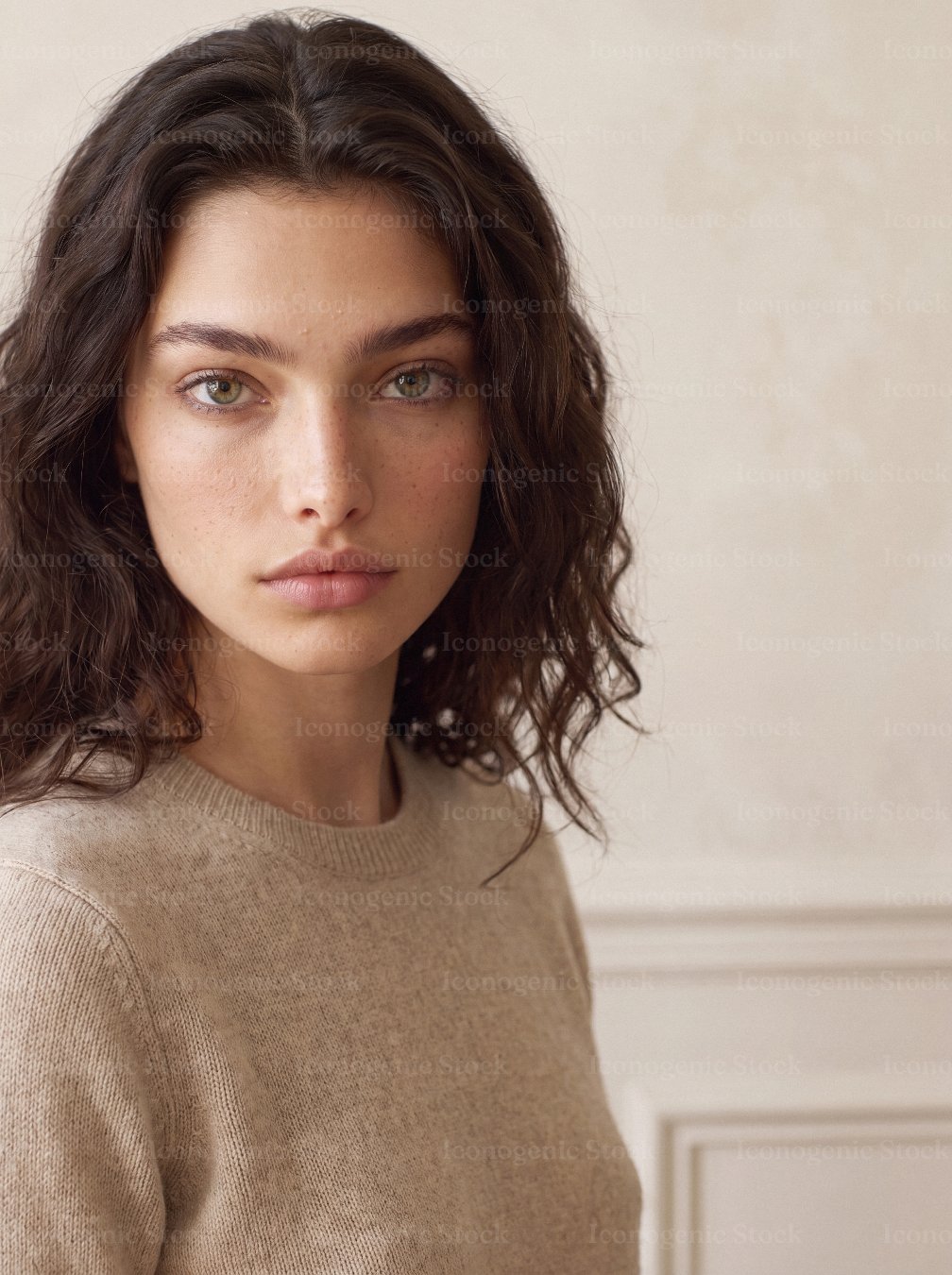 Natural beauty portrait of young woman with curly hair and beige sweater