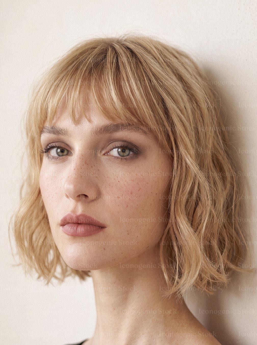Close-up portrait of young woman with blonde bob hair and natural freckled skin