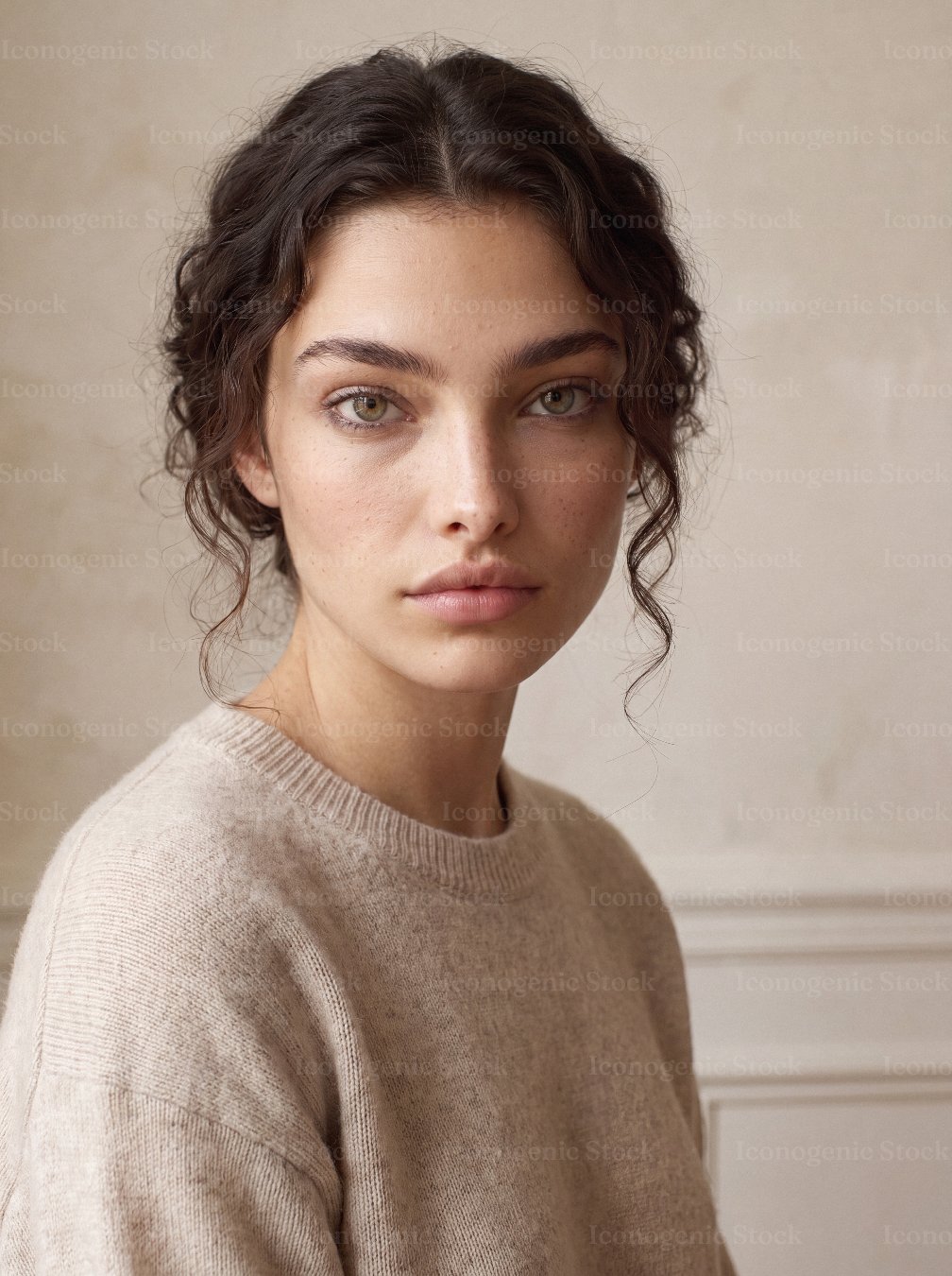 Portrait of a young woman with curly hair and natural makeup wearing beige sweater