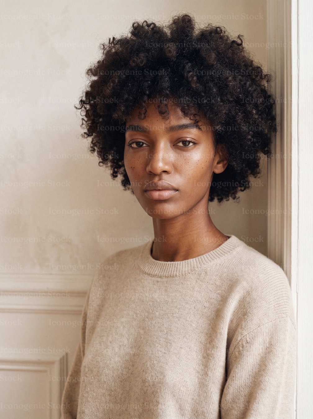 Portrait of young woman with natural curly hair wearing beige sweater indoors