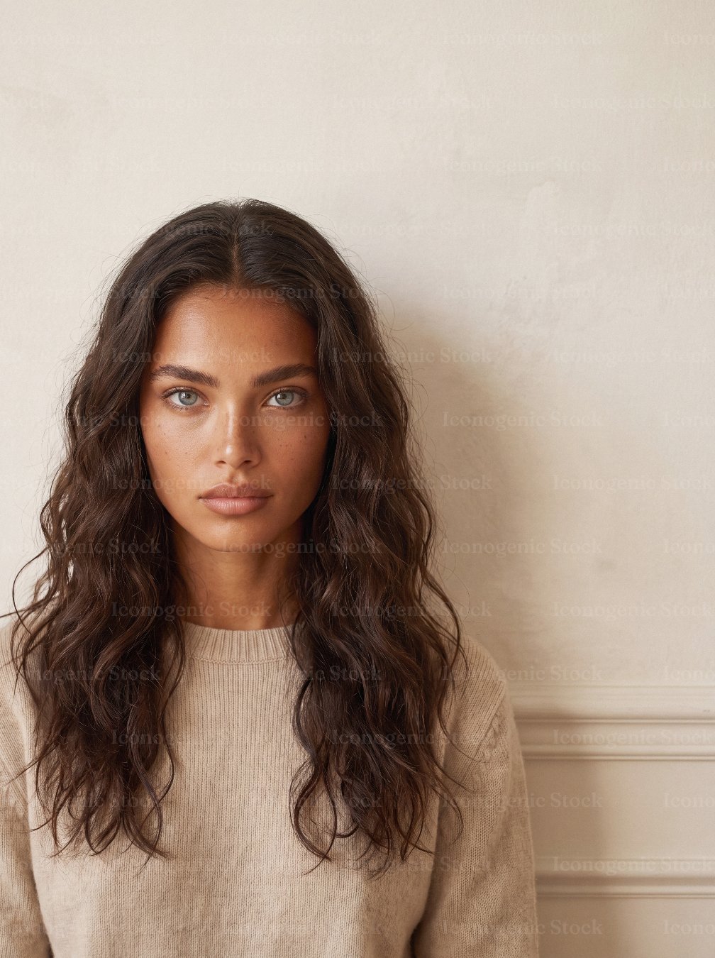 Portrait of young woman with wavy brown hair and natural makeup against beige wall