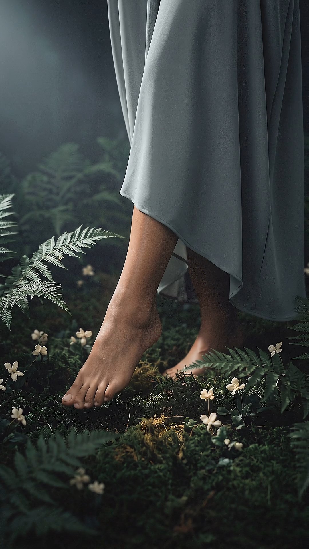 Barefoot woman in flowing dress walking through mossy fern forest at twilight