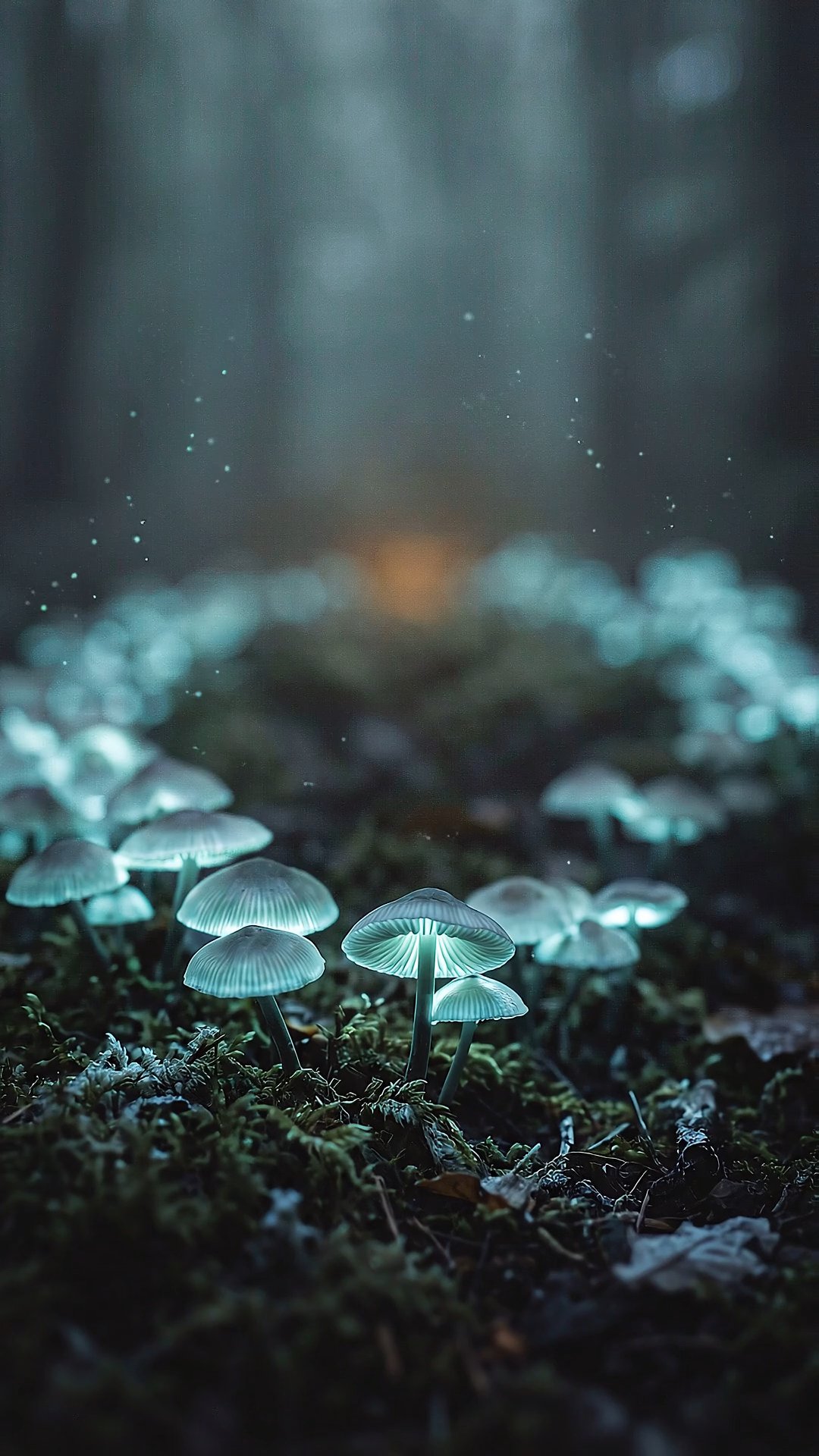 Glowing Bioluminescent Mushrooms Forming Fairy Ring in Dark Enchanted Forest