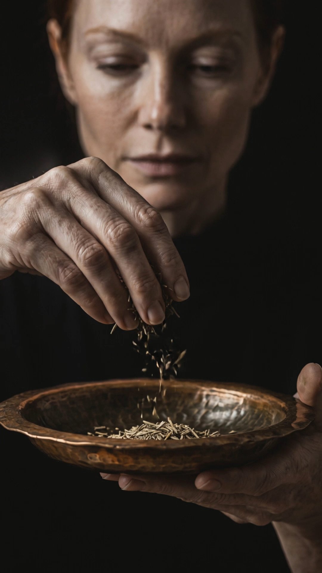 Woman sprinkling dried herbs into rustic copper bowl in moody dark setting