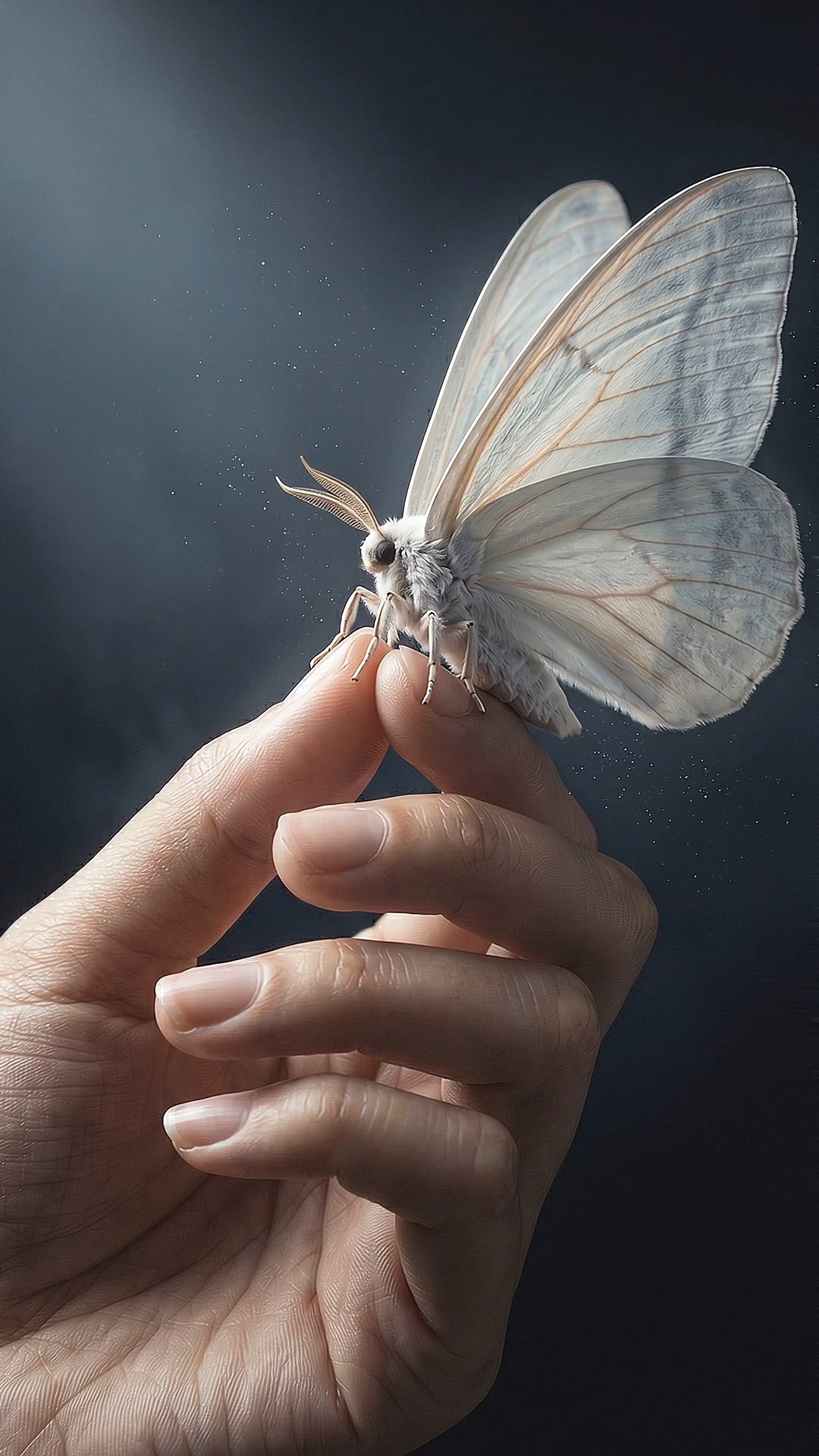 White moth resting delicately on human fingertips against dark moody background
