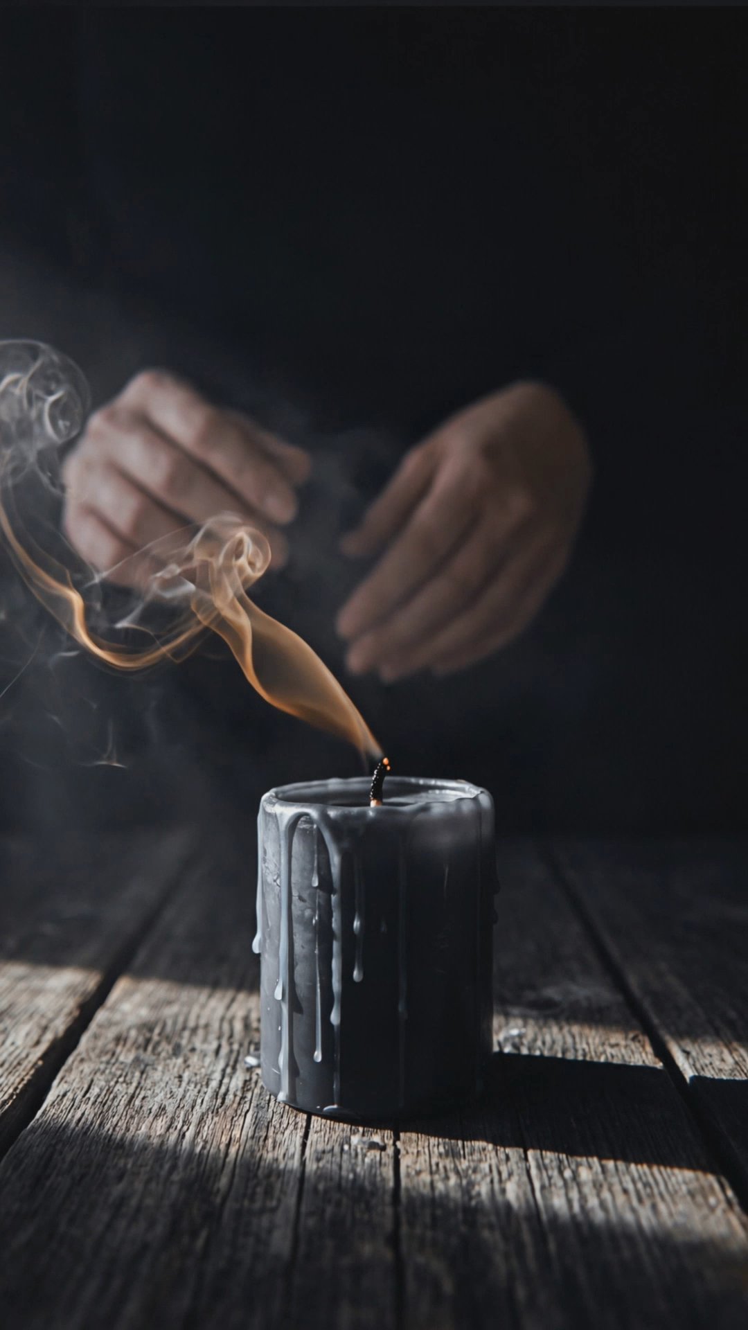 Hands hovering over freshly extinguished candle with curling smoke on wooden table