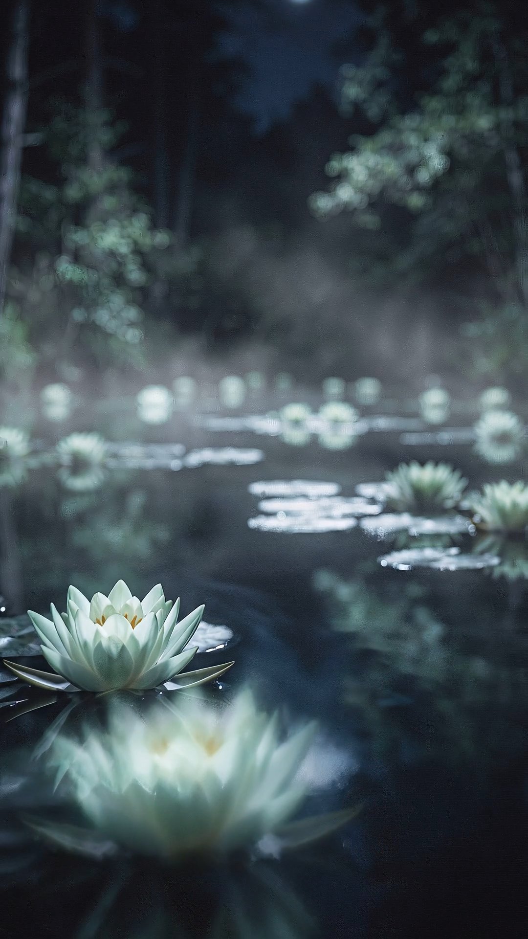 White water lilies glowing on a dark misty pond at dusk