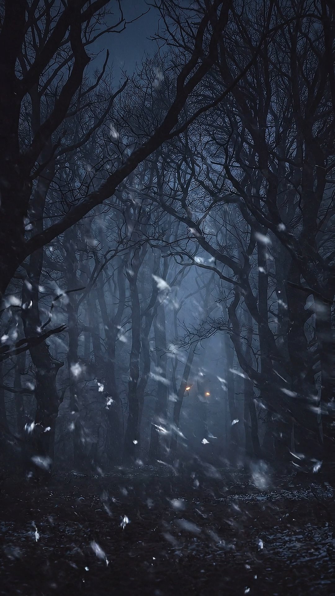Dark winter forest at night with falling snow and glowing eyes in shadows