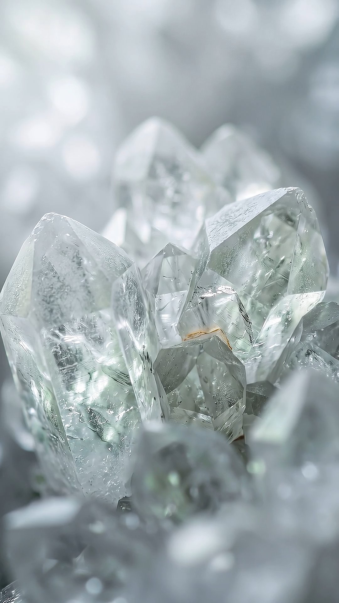 Macro close-up of clear quartz crystal cluster with sparkling faceted points