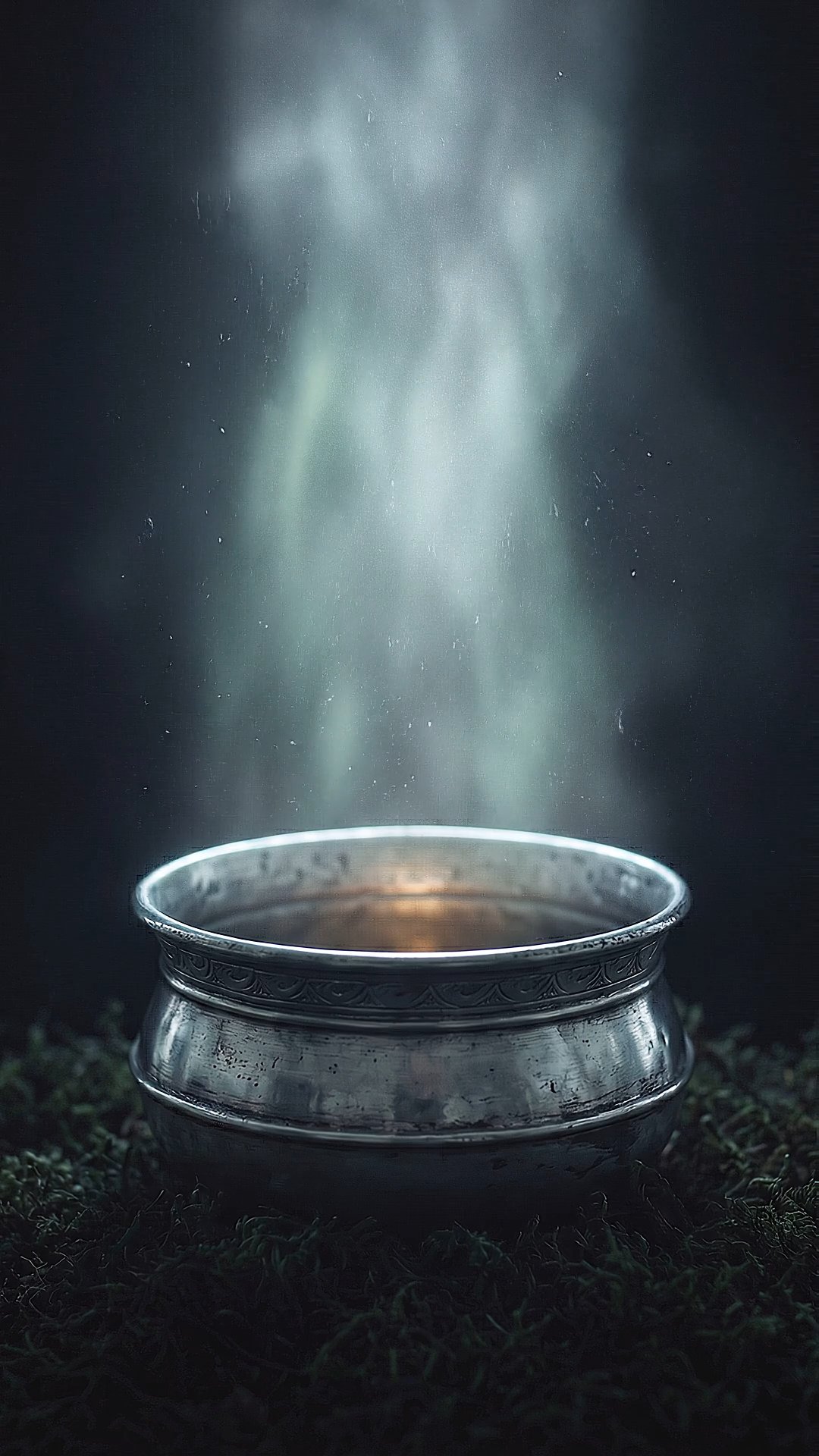 Mystical Silver Cauldron Glowing With Magical Green Smoke on Dark Moss
