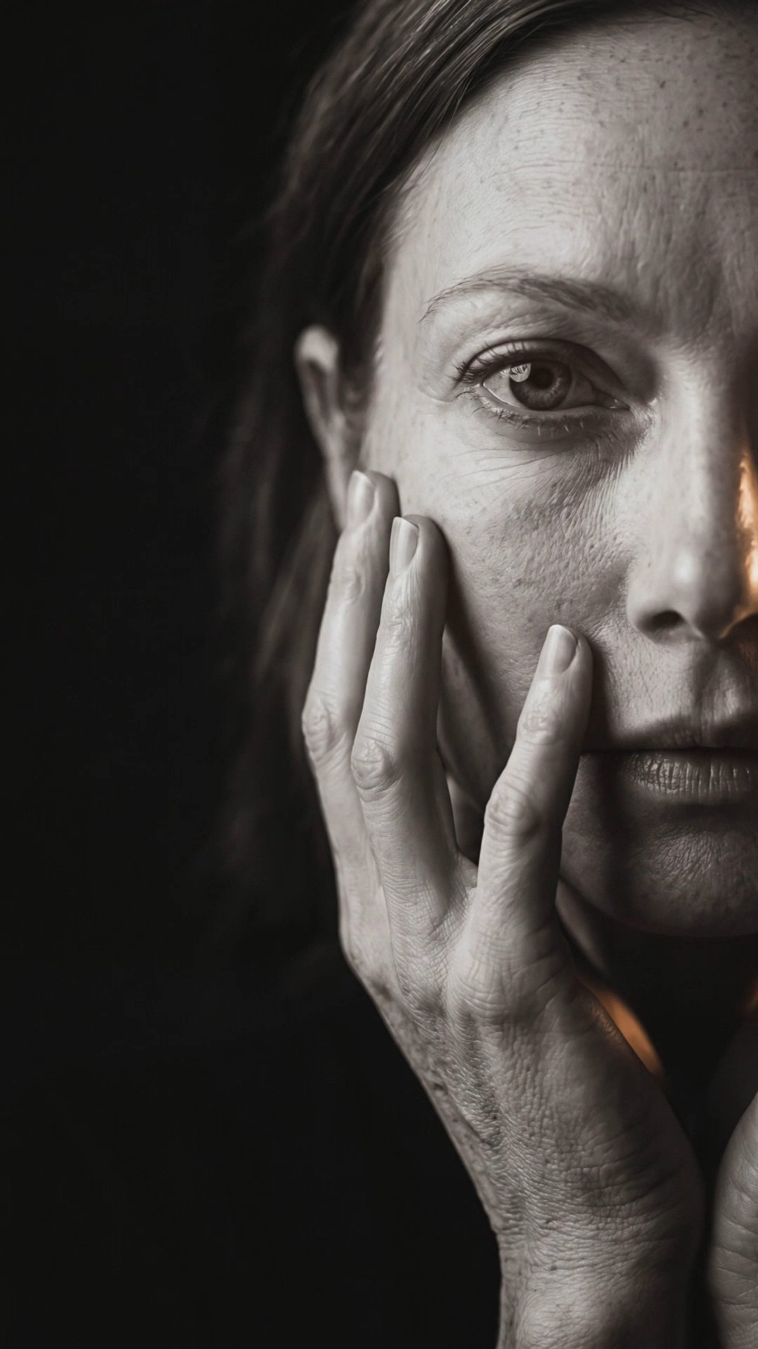 Black and white close-up portrait of woman holding her face in emotional contemplation