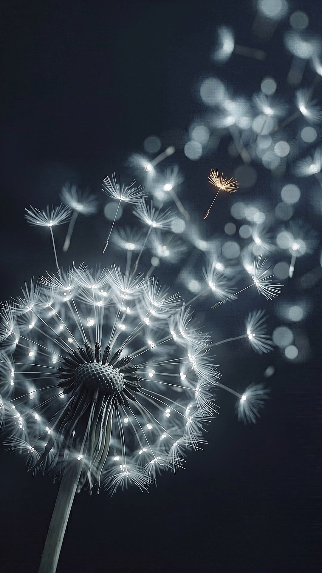 Dandelion seeds floating on dark background with glowing bokeh lights at night