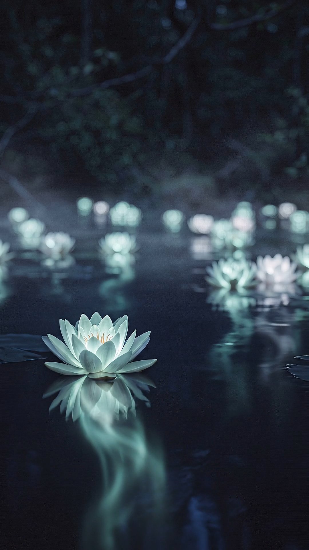 Glowing Lotus Flowers Floating on Dark Pond at Night