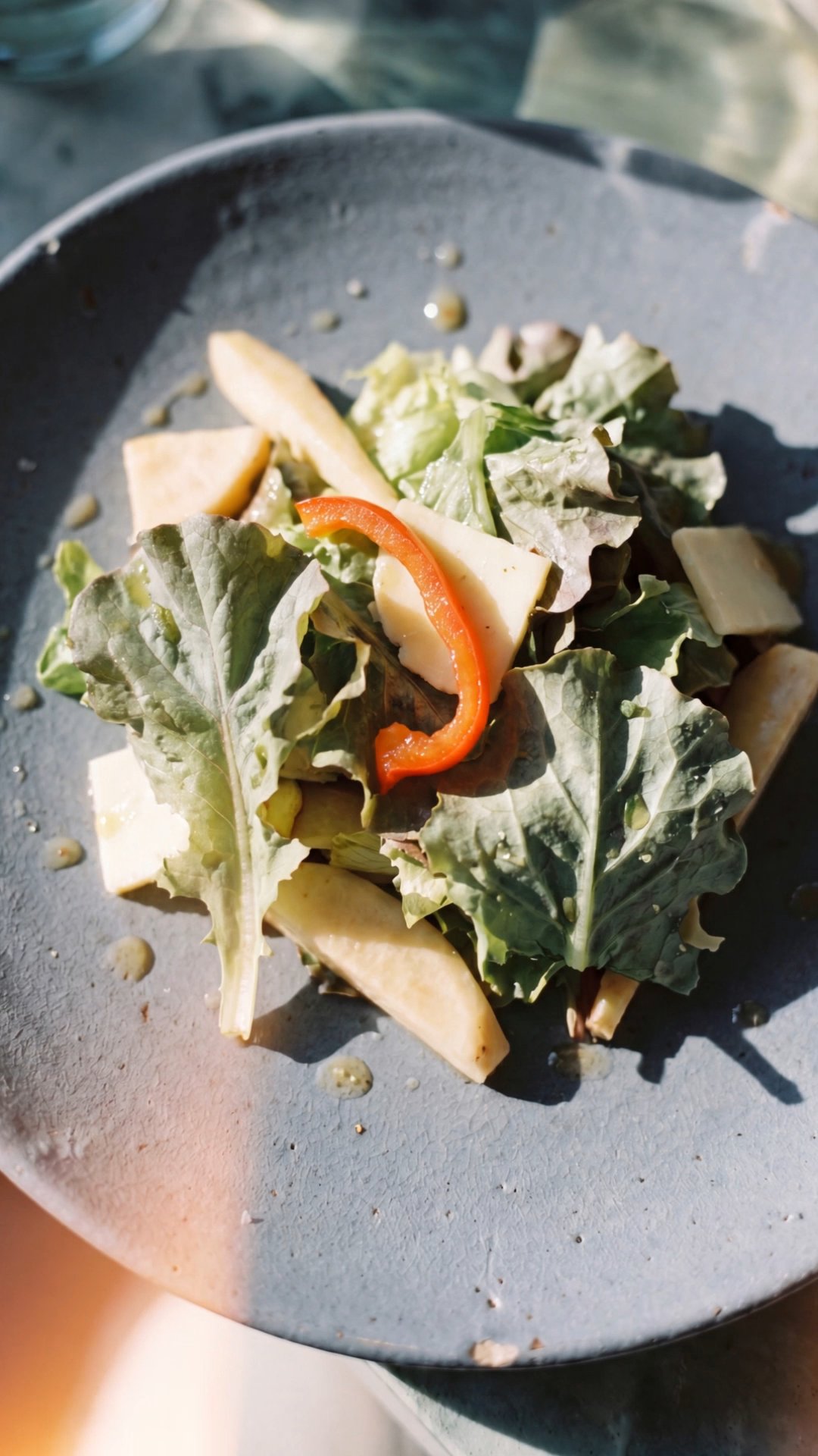Fresh green salad with sliced pear, red pepper and cheese on rustic ceramic plate