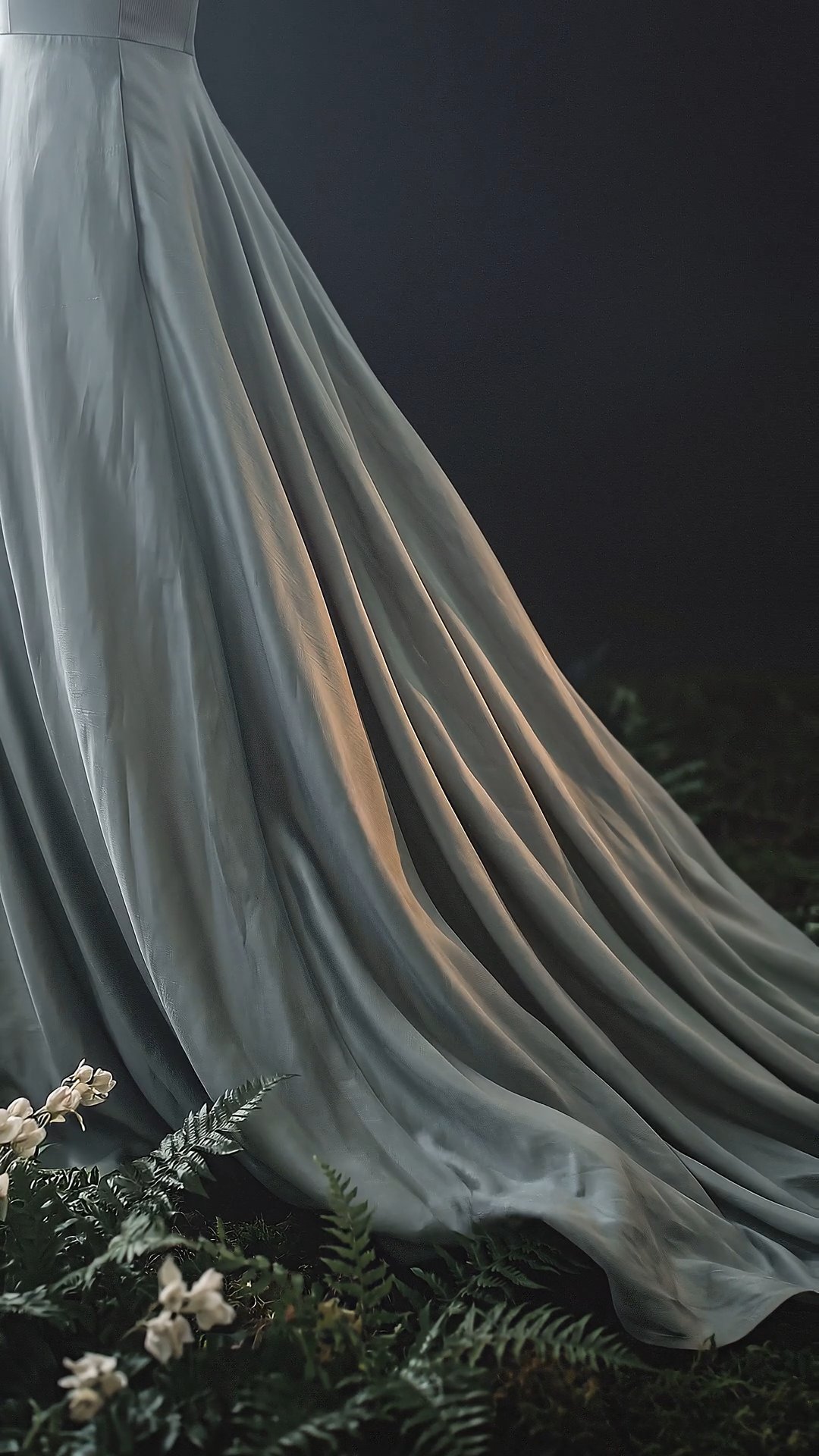 Flowing wedding gown train draped over ferns in moody forest light